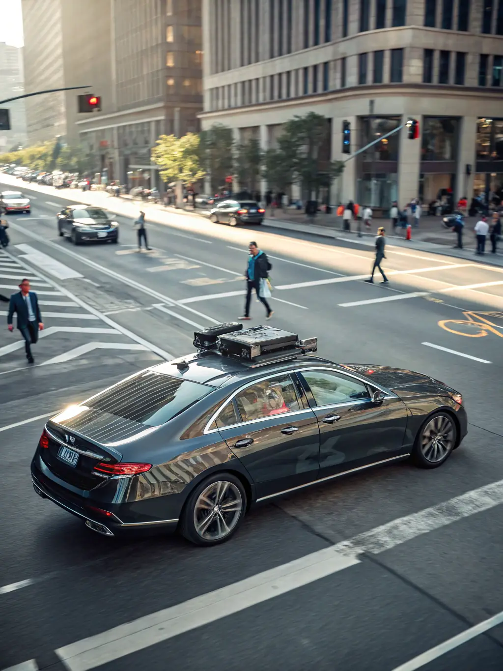 A close-up shot of a self-driving car navigating a city street, showcasing Artilligen's expertise in autonomous vehicle AI.