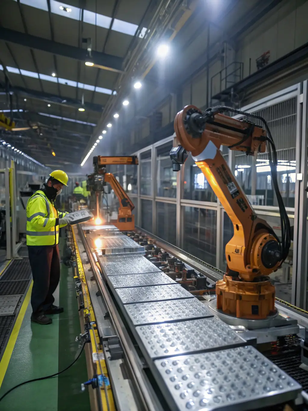 A manufacturing line with AI-powered cameras detecting defects on products, showcasing Artilligen's quality control solutions.