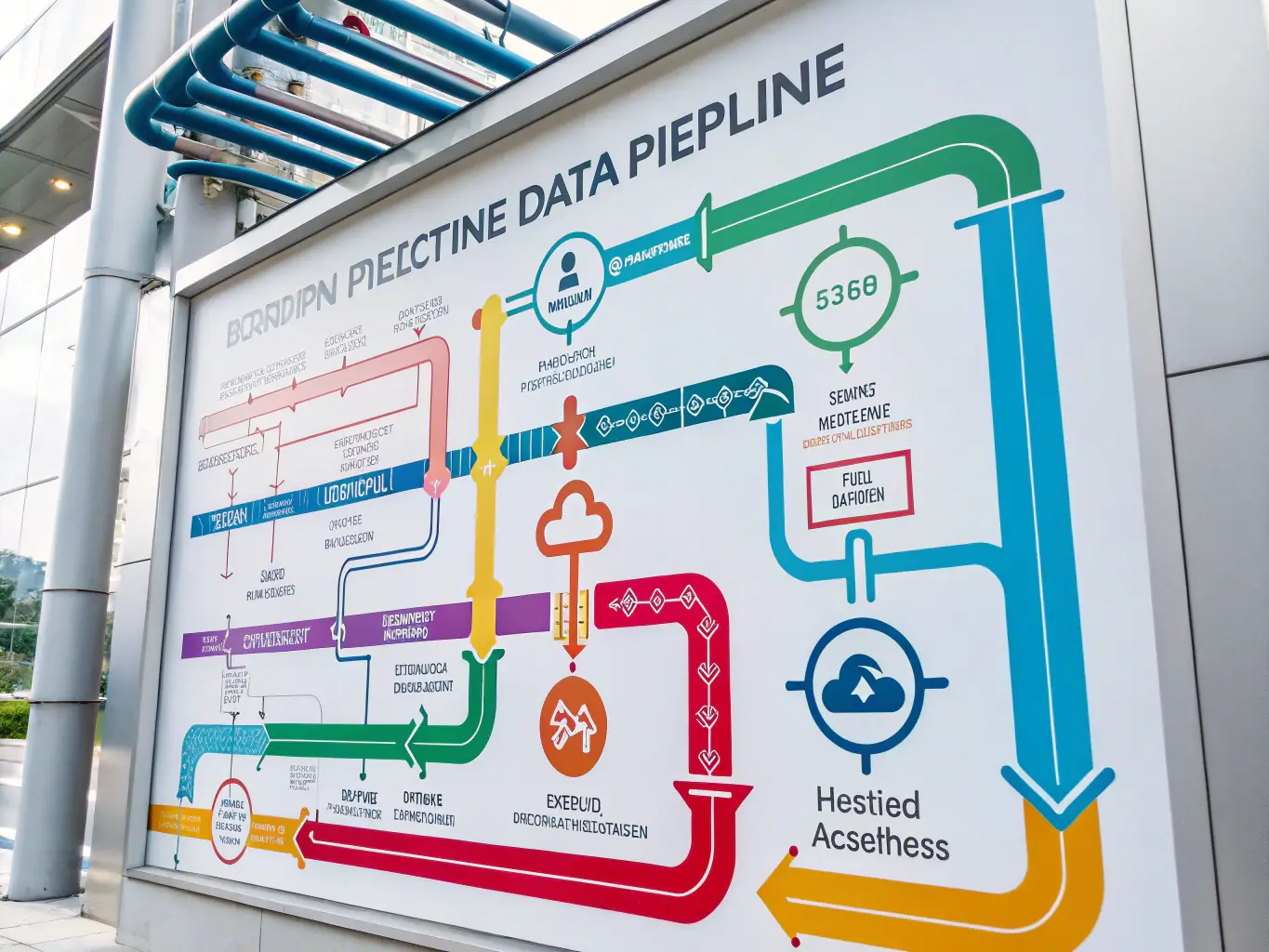 A visual representation of a data pipeline, showing the flow of data from various sources through processing stages to the final AI model.