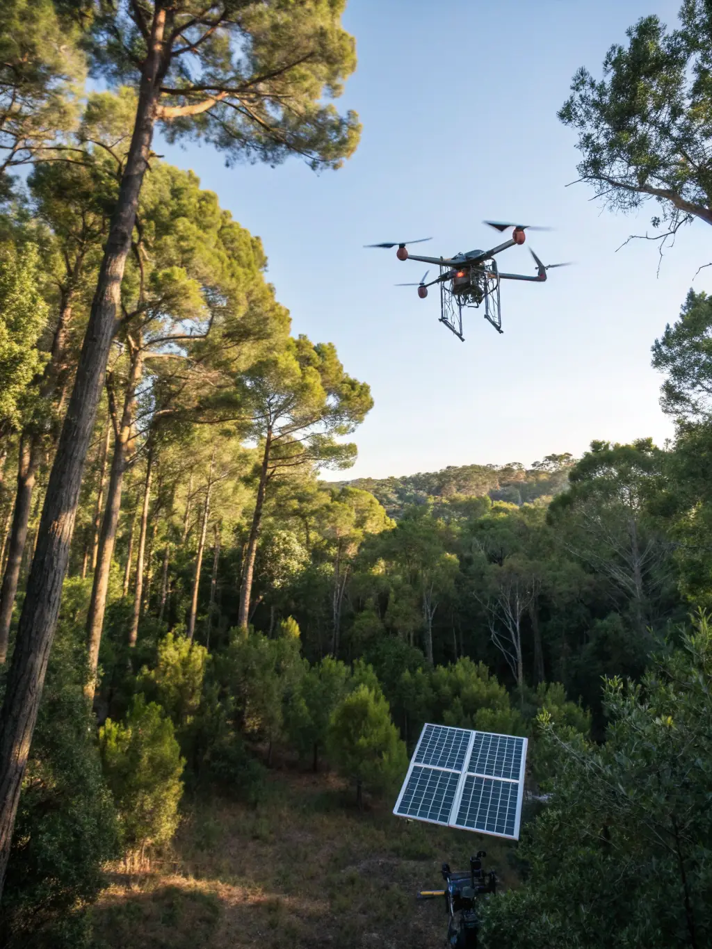 A high-resolution image of a drone equipped with sensors, capturing aerial data for wildfire detection, highlighting Artilligen's AI-powered surveillance solutions.